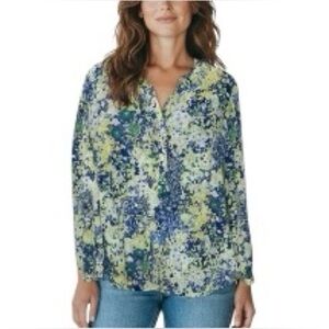 Talbots Blue Floral Cotton Blouse ruffle collar & half-placket button front L
